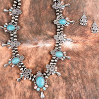 Western Burnished Silver Tone Vienna Multi-Color Turquoise Squash Blossom Necklace and Earring Set