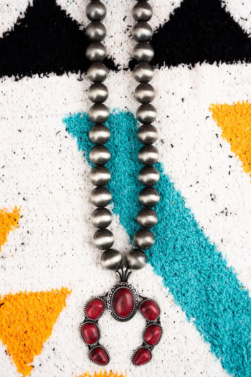 Western Shirebrook Red Turquoise Naja and Silver Tone Navajo Pearl Necklace