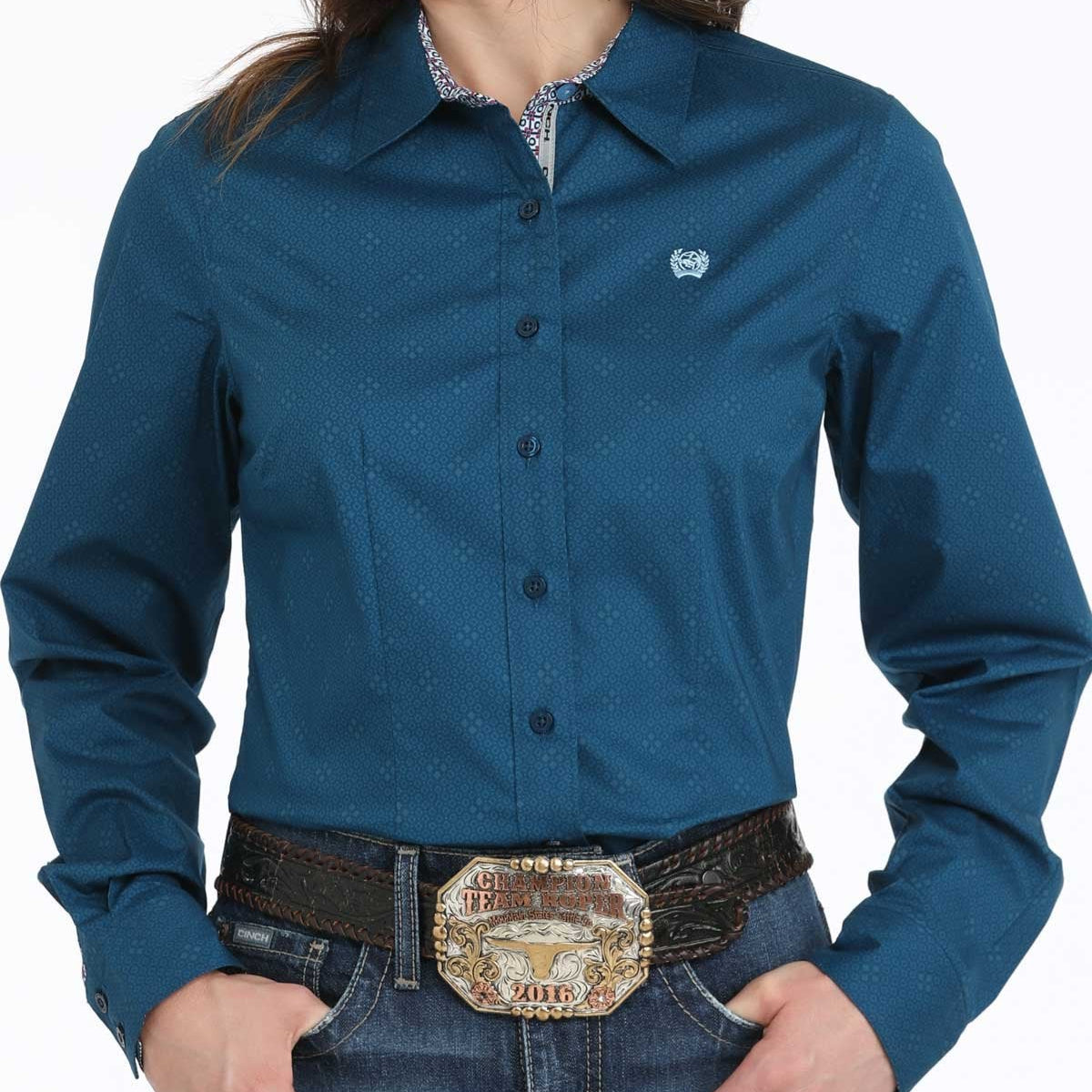 Cinch Women's L/S Stretch Geometric Western Button Down Shirt in Blue