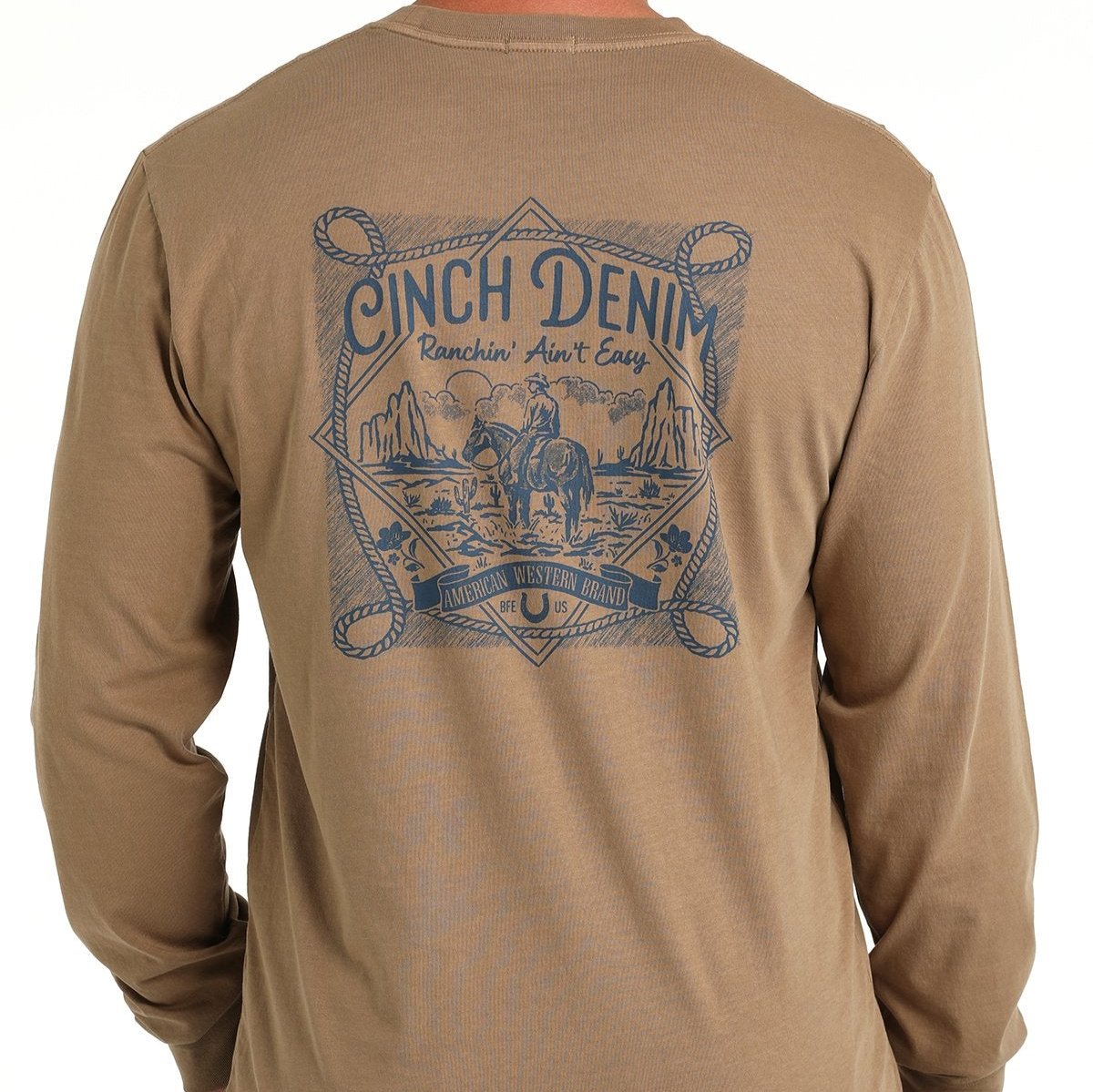 Cinch Men's "Ranching Ain't Easy" L/S Graphic Logo T-Shirt in Khaki