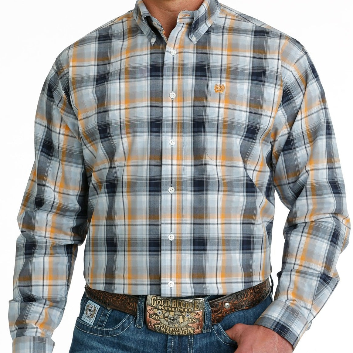 Cinch Men's L/S Classic Fit Plaid Button Down Western Shirt in Light Blue