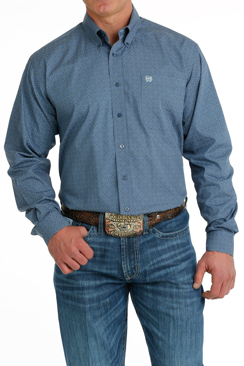 Cinch Men's Long Sleeve Classic Fit Blue Geometric Print Button Down Western Shirt
