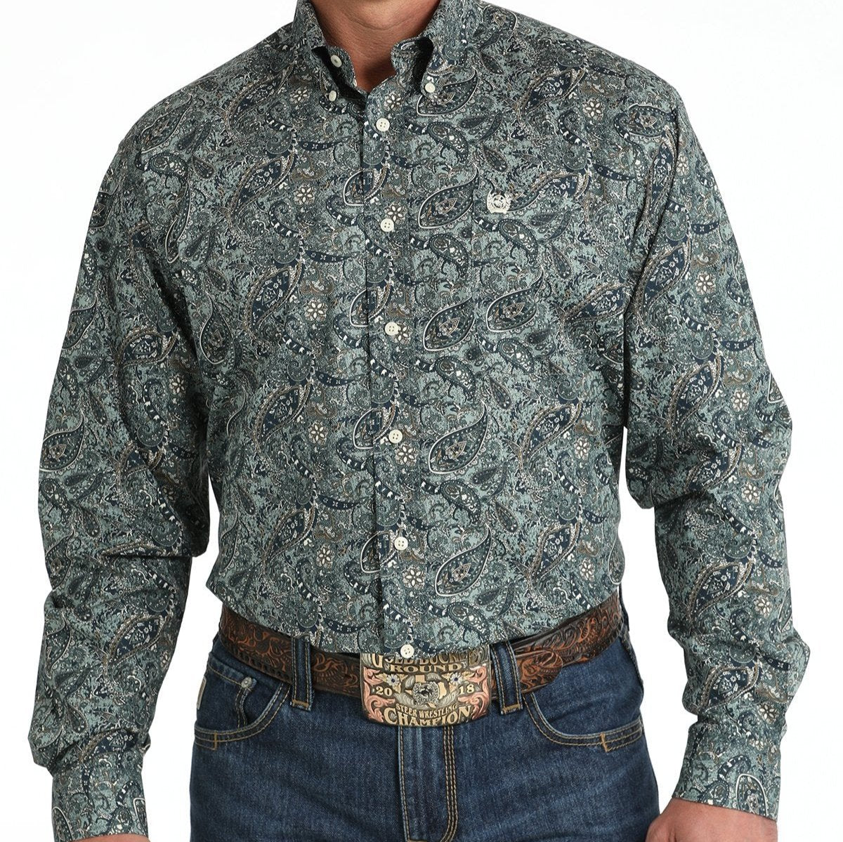 Cinch Men's L/S Classic Fit Paisley Western Button Down Shirt in Green