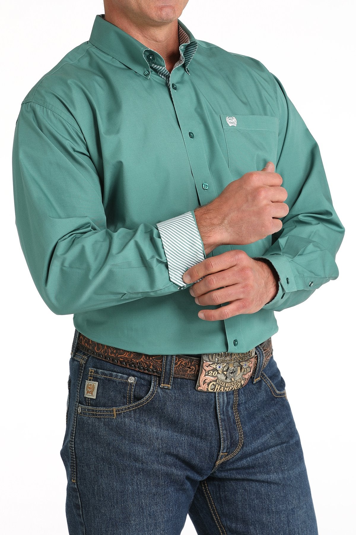 Cinch Men's L/S Classic Fit Solid Western Button Down Shirt in Green