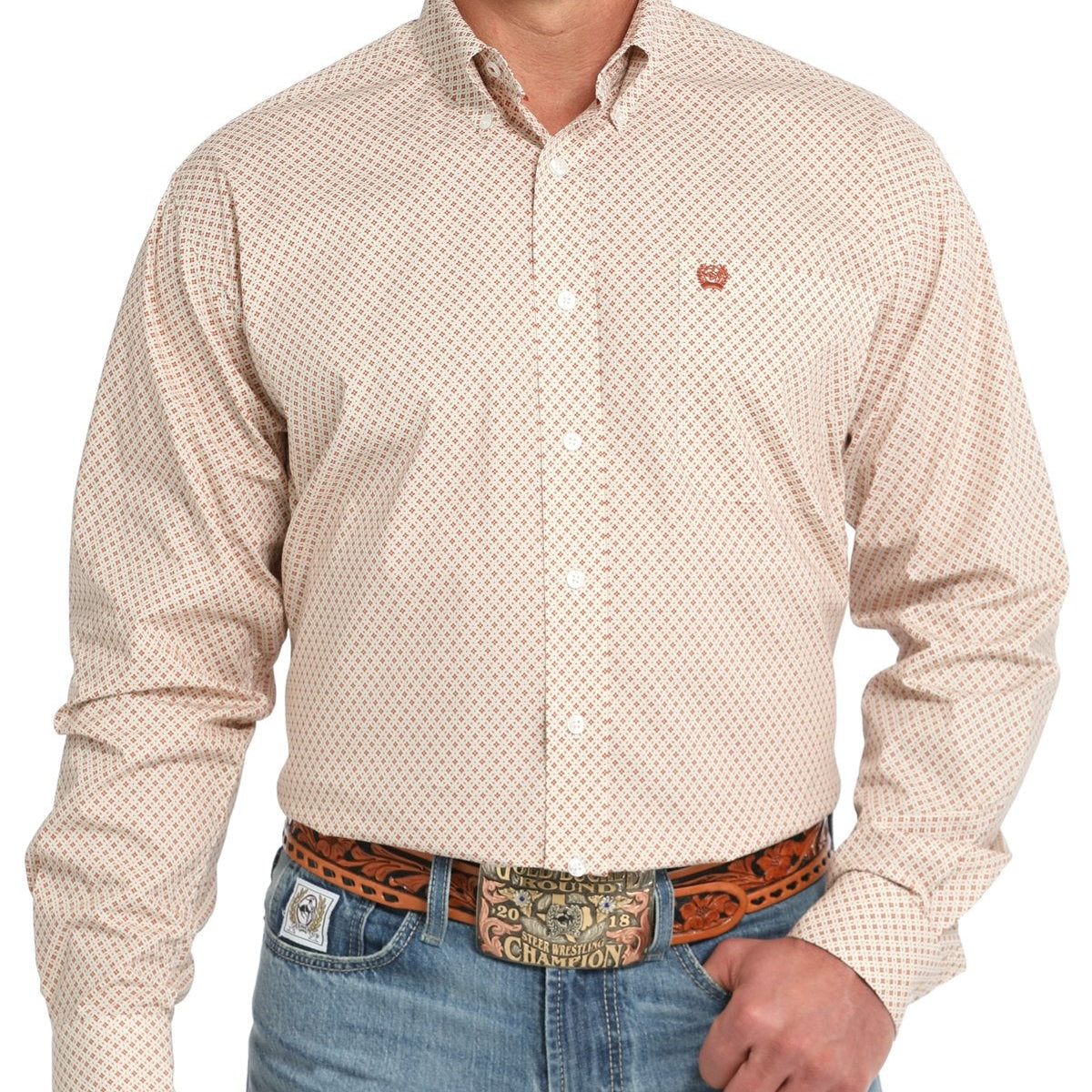 Cinch Men's L/S Classic Fit Geometric Medallion Western Button Down Shirt in Cream