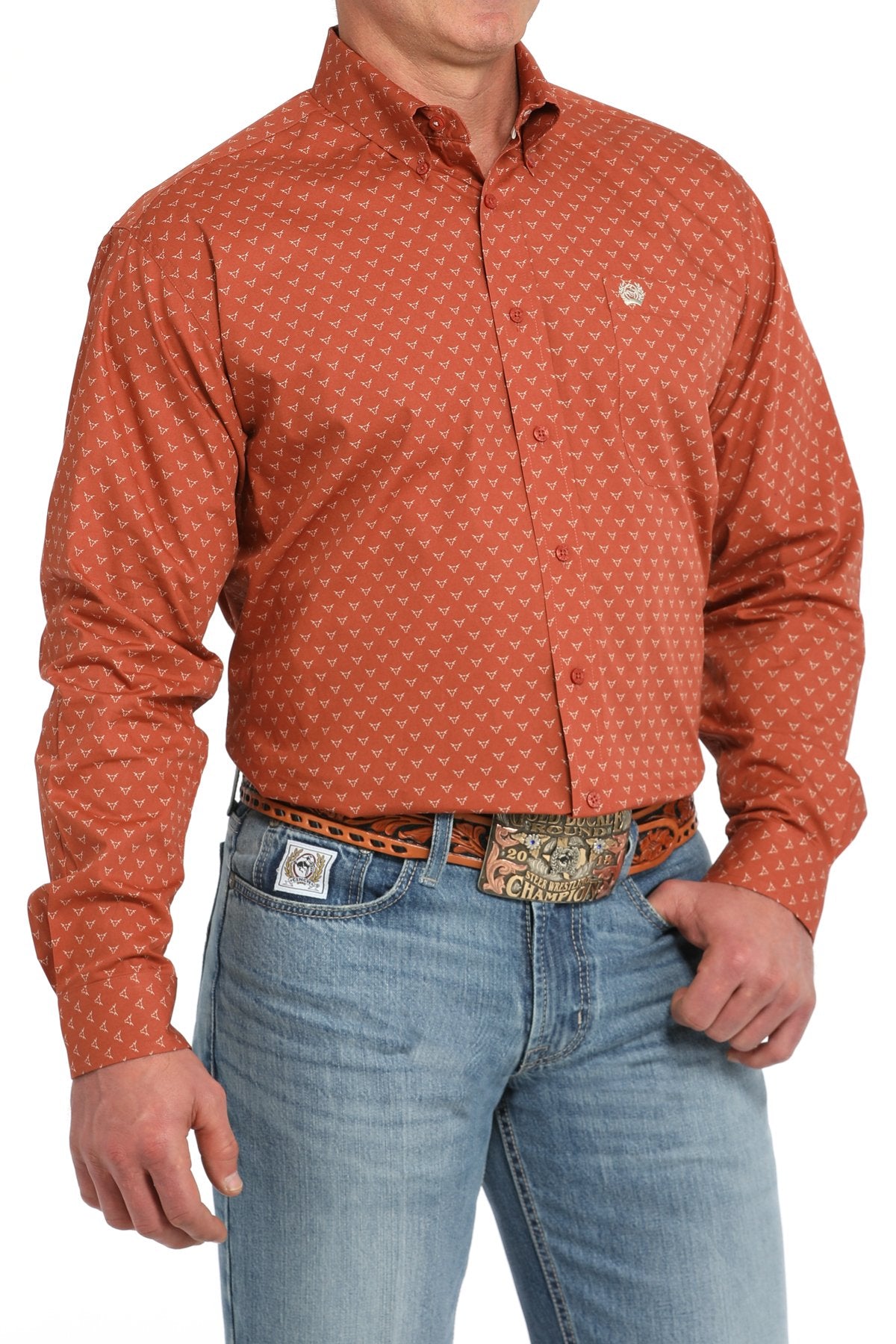 Cinch Men's L/S Classic Fit Steer Print Western Button Down Shirt in Orange