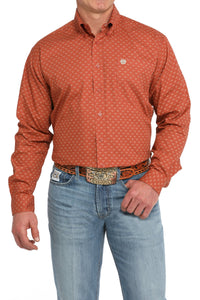 Cinch Men's L/S Classic Fit Steer Print Western Button Down Shirt in Orange