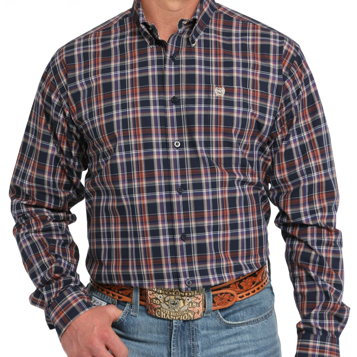 Cinch Men's L/S Classic Fit Plaid Western Button Down Shirt in Navy