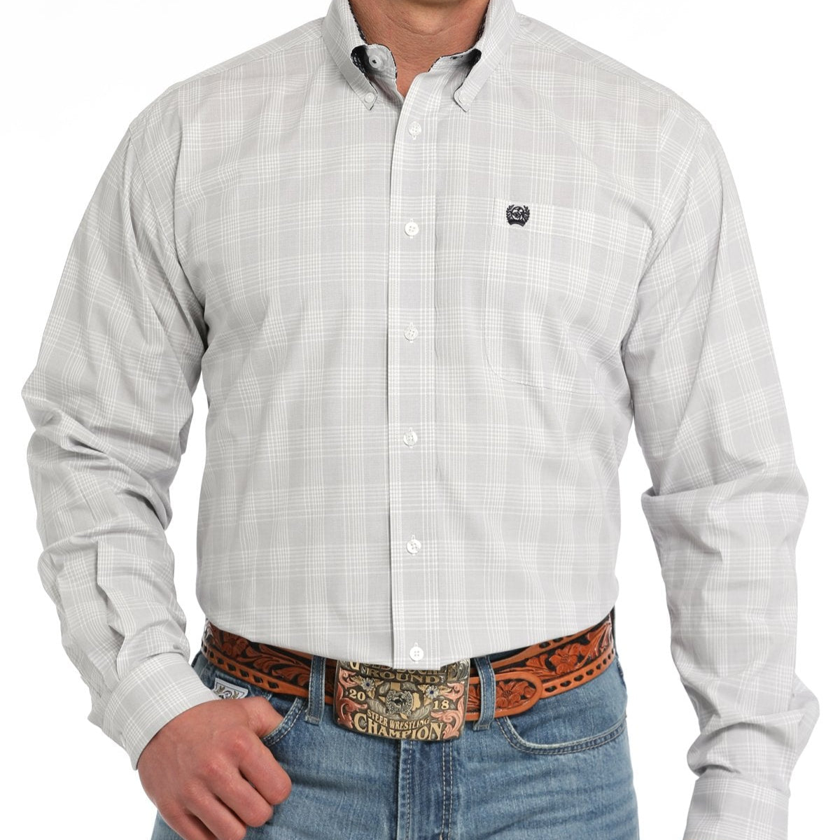 Cinch Men's L/S Classic Fit Plaid Western Button Down Shirt in White