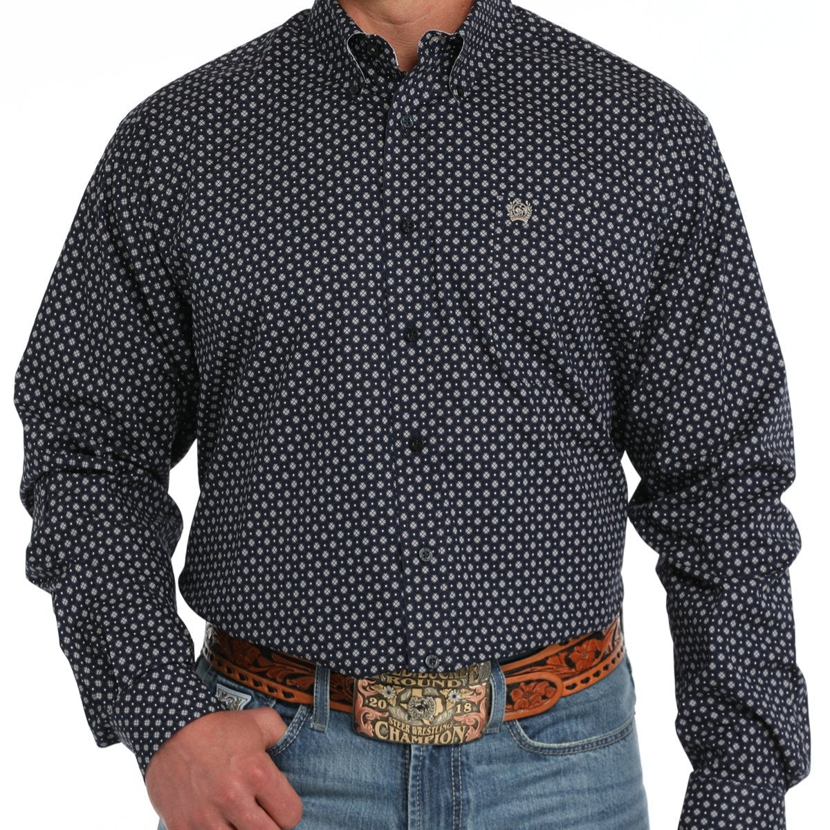 Cinch Men's L/S Classic Fit Geometric Medallion Western Button Down Shirt in Navy