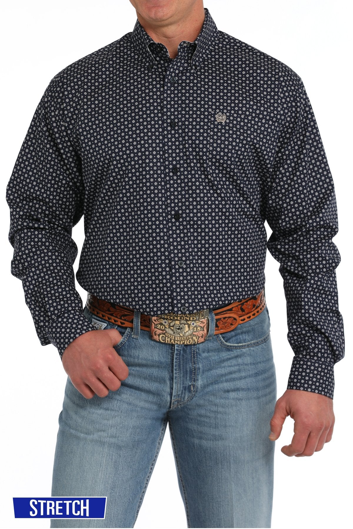 Cinch Men's L/S Classic Fit Geometric Medallion Western Button Down Shirt in Navy