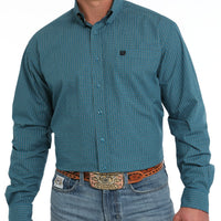 Cinch Men's L/S Classic Fit Windowpane Plaid Western Button Down Shirt in Teal