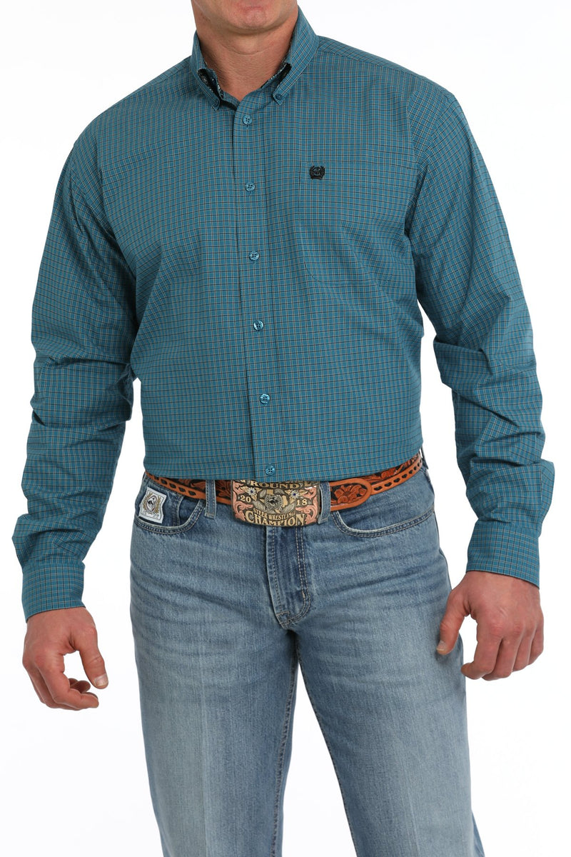 Cinch Men's L/S Classic Fit Windowpane Plaid Western Button Down Shirt in Teal