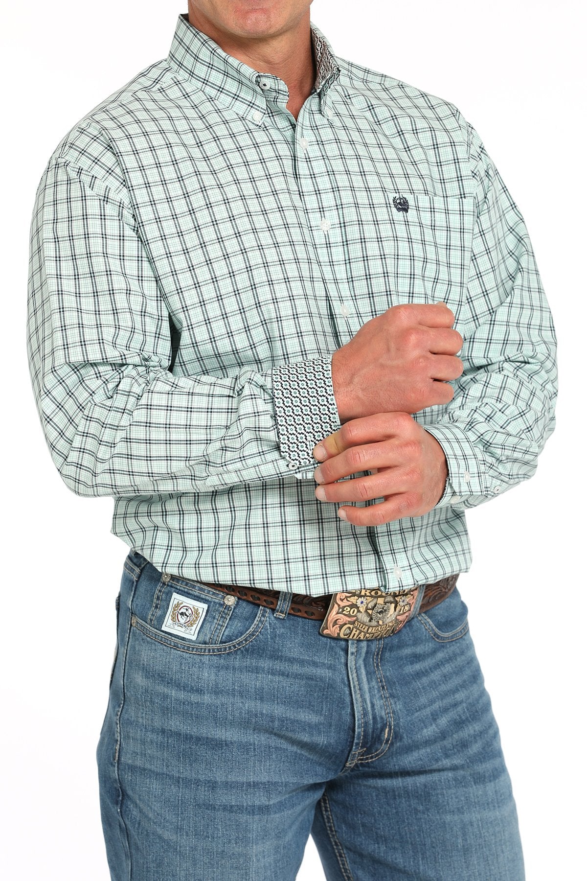 Cinch Men's L/S Classic Fit Plaid Western Button Down Shirt in Turquoise