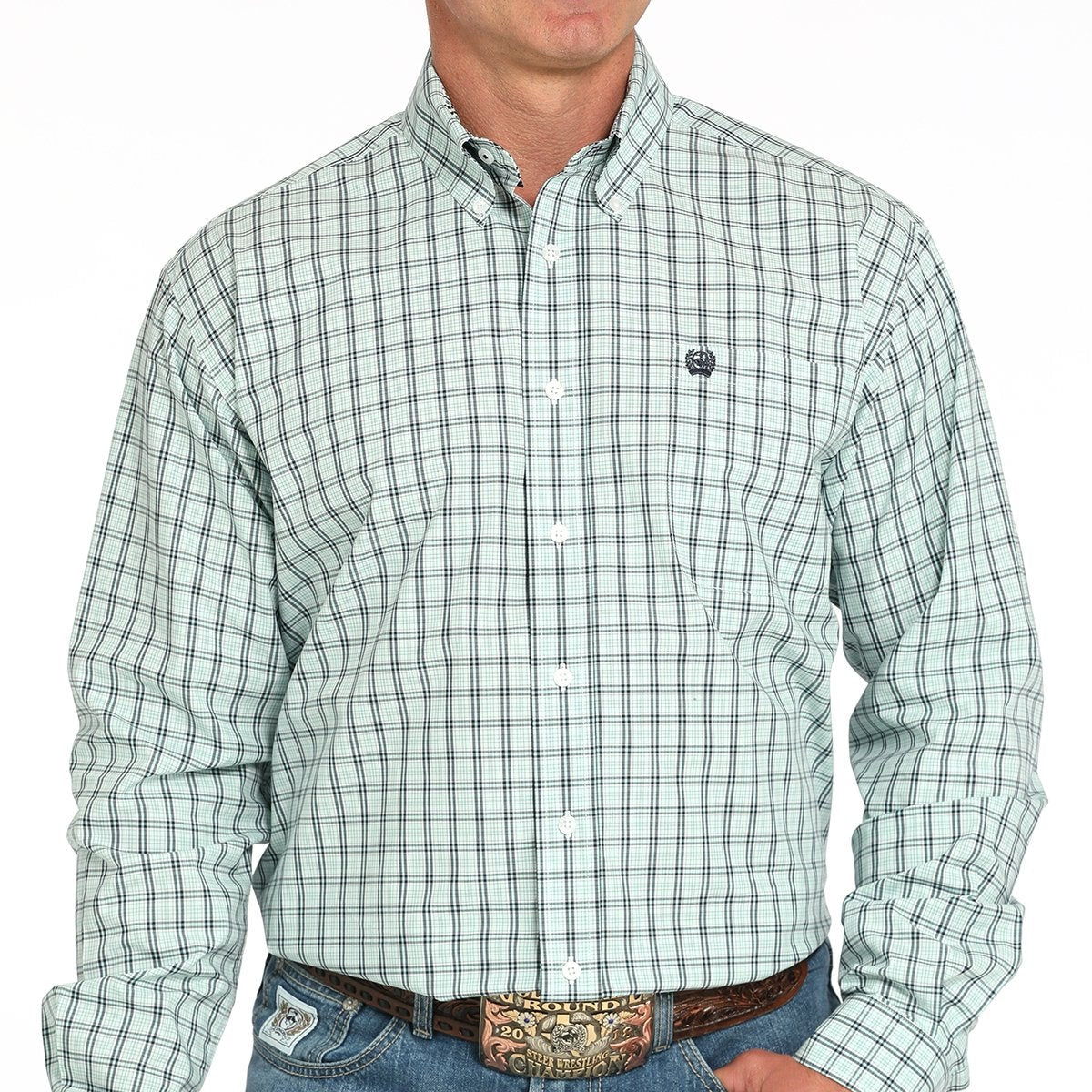 Cinch Men's L/S Classic Fit Plaid Western Button Down Shirt in Turquoise