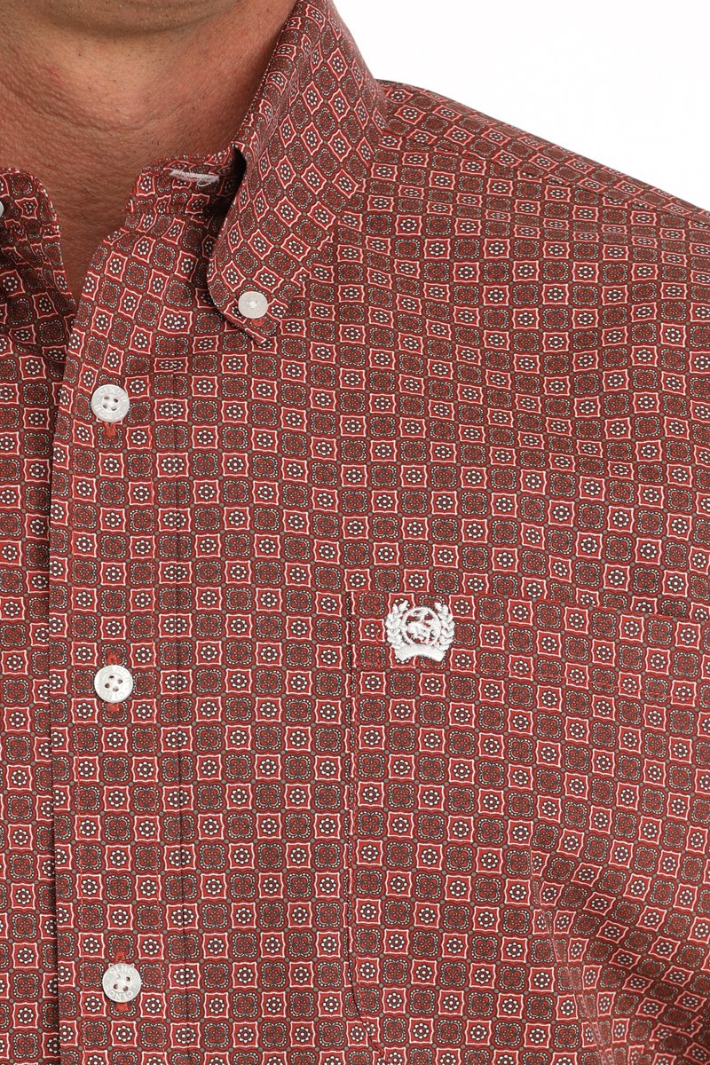 Cinch Men's S/S Classic Fit Medallion Western Button Down Shirt in Red