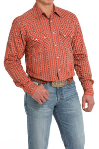 Cinch Men's L/S Modern Fit Floral Striped Western Snap Shirt in Orange