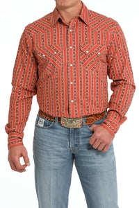 Cinch Men's L/S Modern Fit Floral Striped Western Snap Shirt in Orange