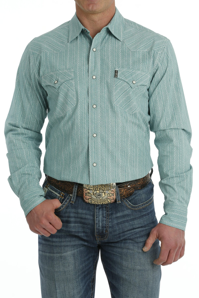 Cinch Men's Modern Fit Turquoise Geometric Stripe Western Snap Shirt