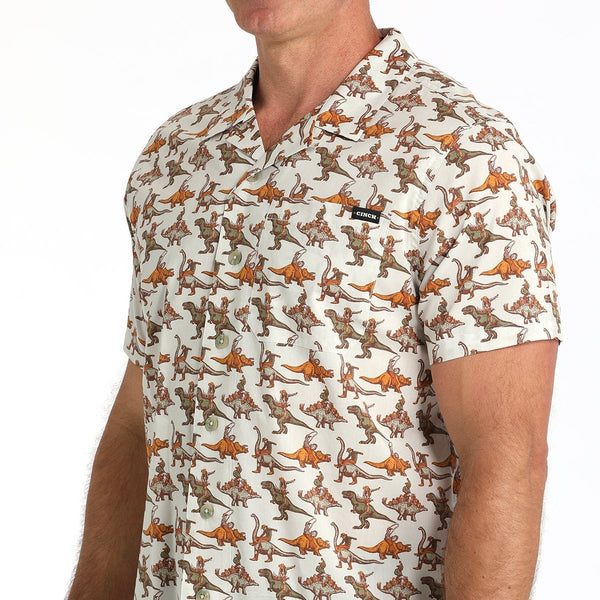 Cinch Men's Short Sleeve Bronc-A-Saurus Camp Shirt in Cream