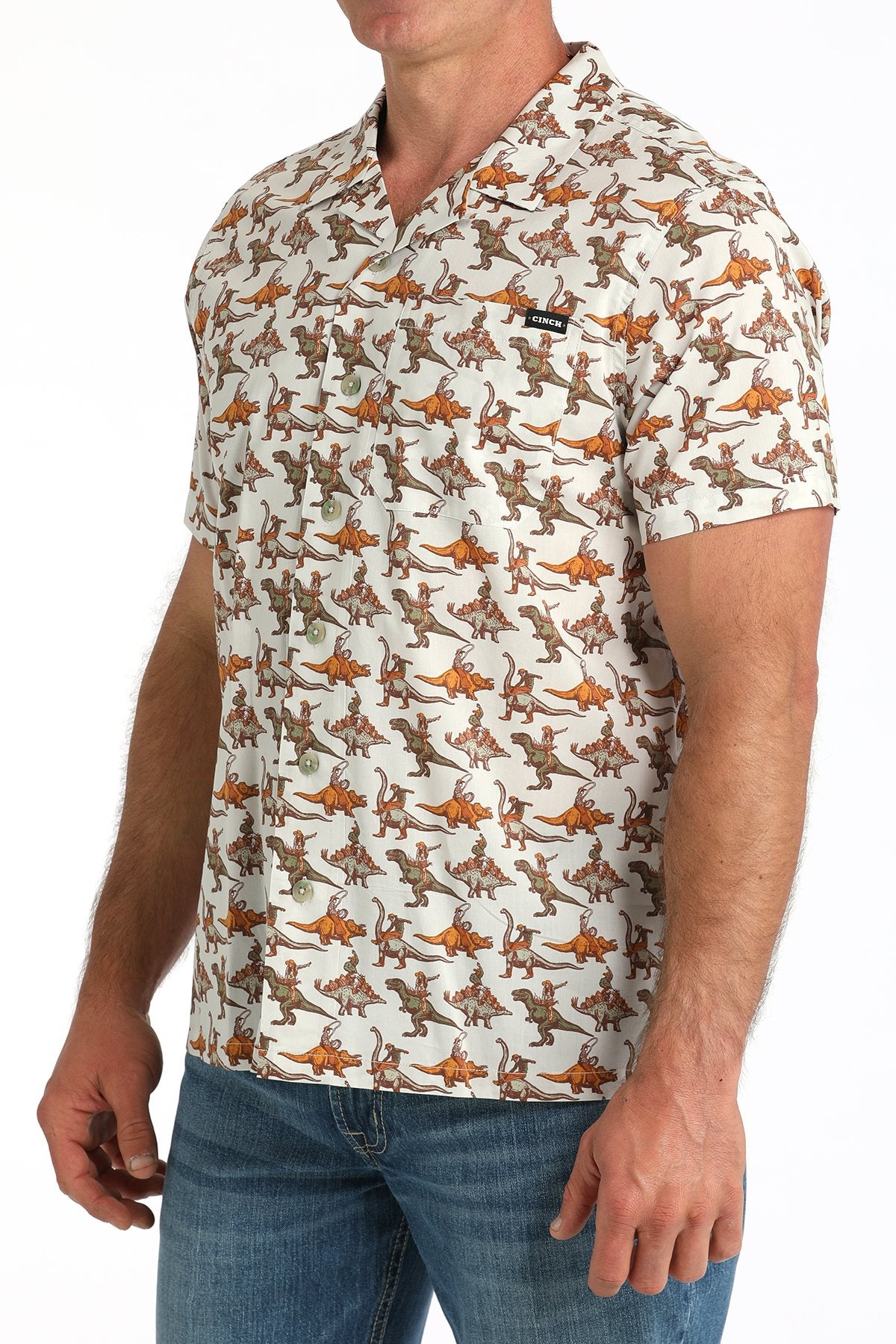Cinch Men's Short Sleeve Bronc-A-Saurus Camp Shirt in Cream