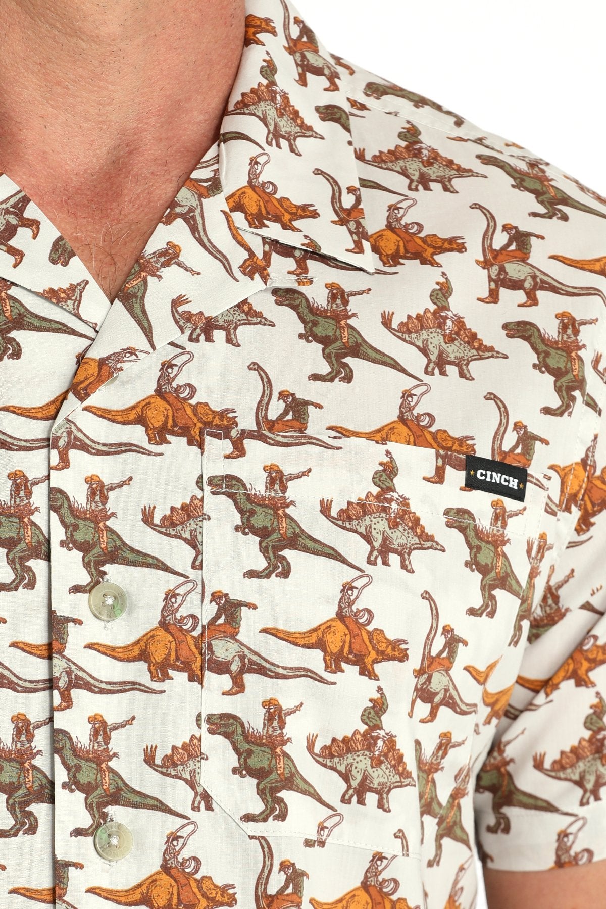 Cinch Men's Short Sleeve Bronc-A-Saurus Camp Shirt in Cream