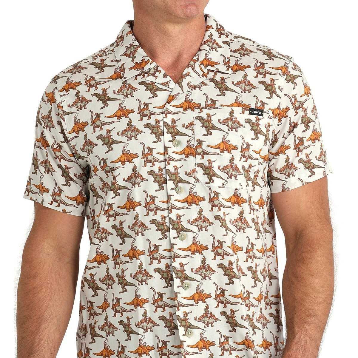 Cinch Men's Short Sleeve Bronc-A-Saurus Camp Shirt in Cream