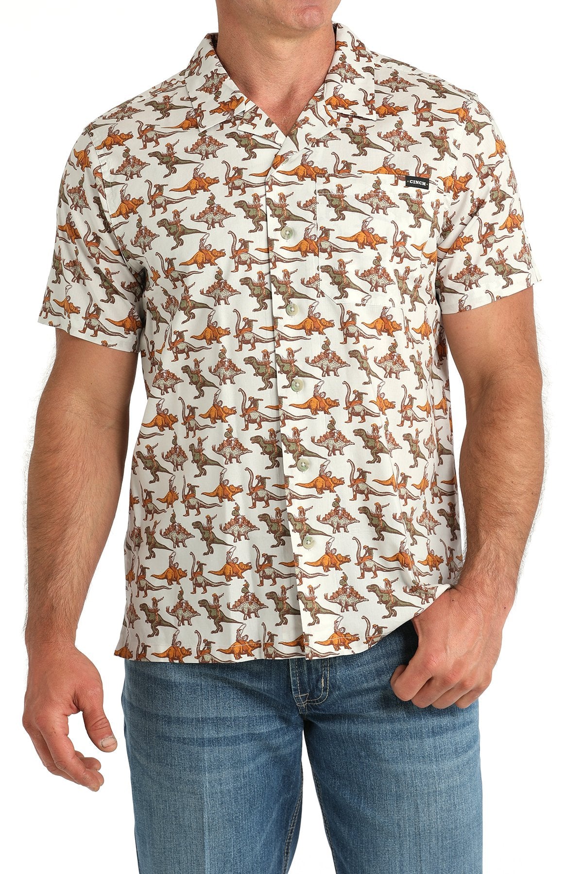 Cinch Men's Short Sleeve Bronc-A-Saurus Camp Shirt in Cream