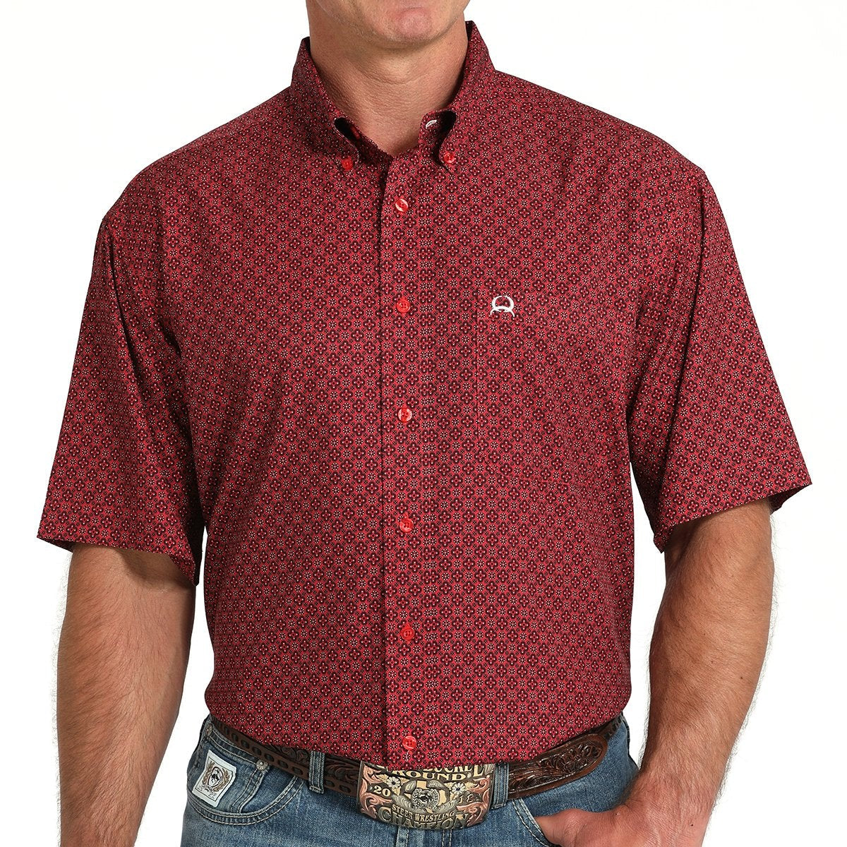 Cinch Men's S/S Arenaflex Geometric Print Western Button Down Shirt in Red