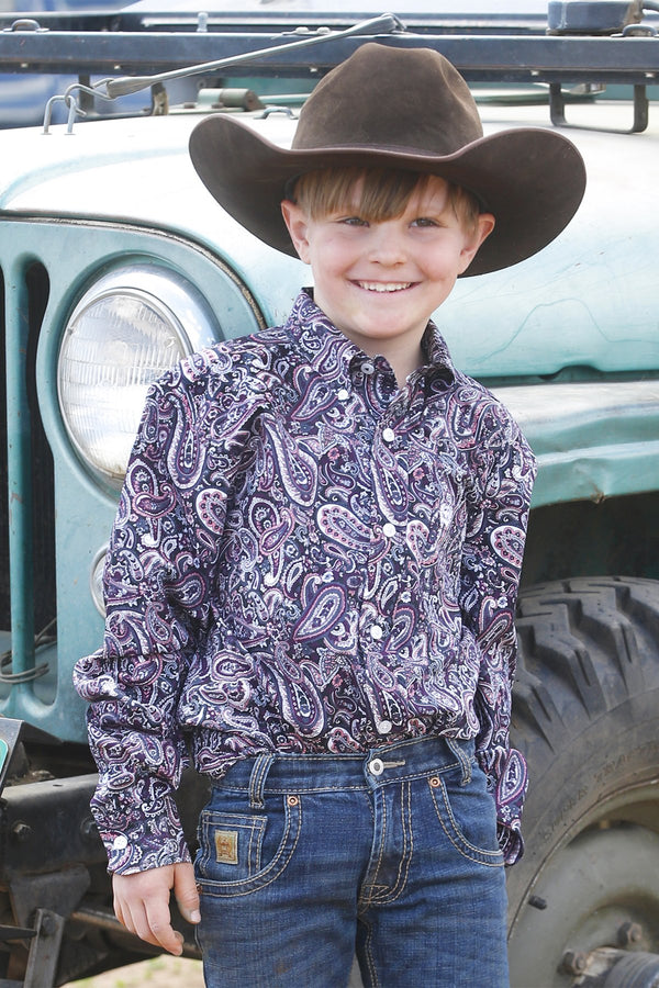 Cinch Youth Boy's L/S Paisley Button Down Western Shirt in Purple