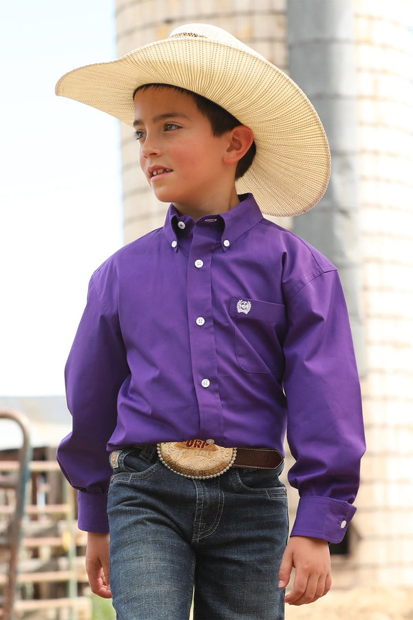 Cinch Youth Boy's L/S Solid Western Button Down Shirt in Purple