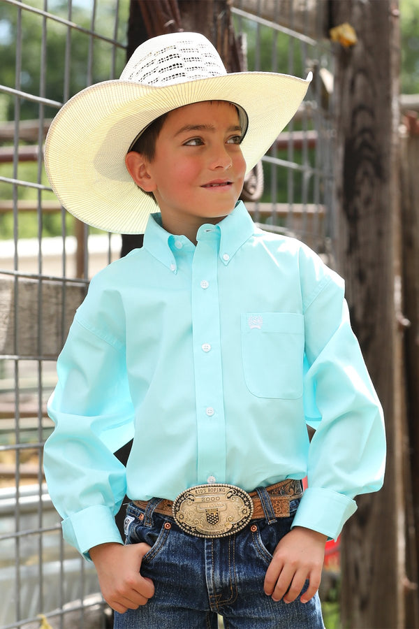 Cinch Youth Boy's L/S Solid Western Button Down Shirt in Turquoise