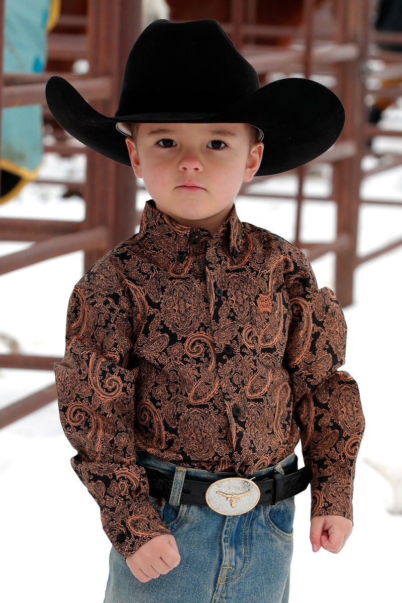 Cinch Toddler Boy's Black & Gold Paisley Button Down Western Shirt