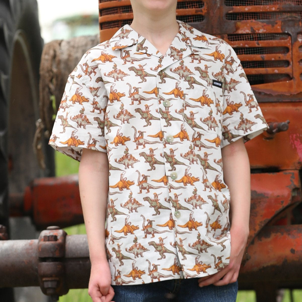 Cinch Youth Boy's S/S Bronc-A-Saurus Camp Shirt in Cream