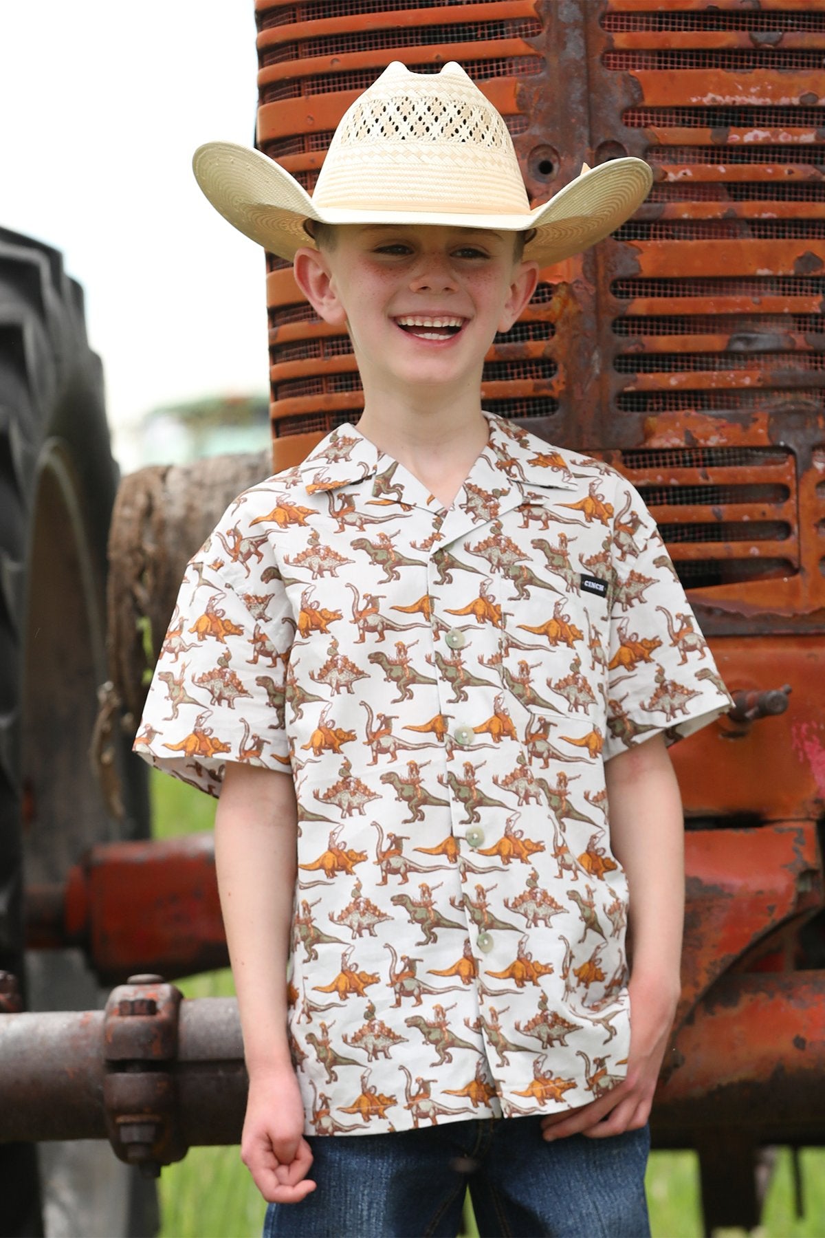 Cinch Youth Boy's S/S Bronc-A-Saurus Camp Shirt in Cream