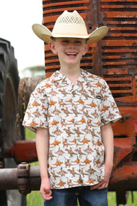 Cinch Youth Boy's S/S Bronc-A-Saurus Camp Shirt in Cream