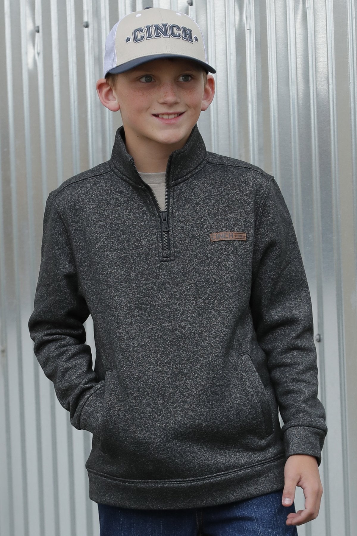 Cinch Youth Boy's Logo Half Zip Pullover in Black