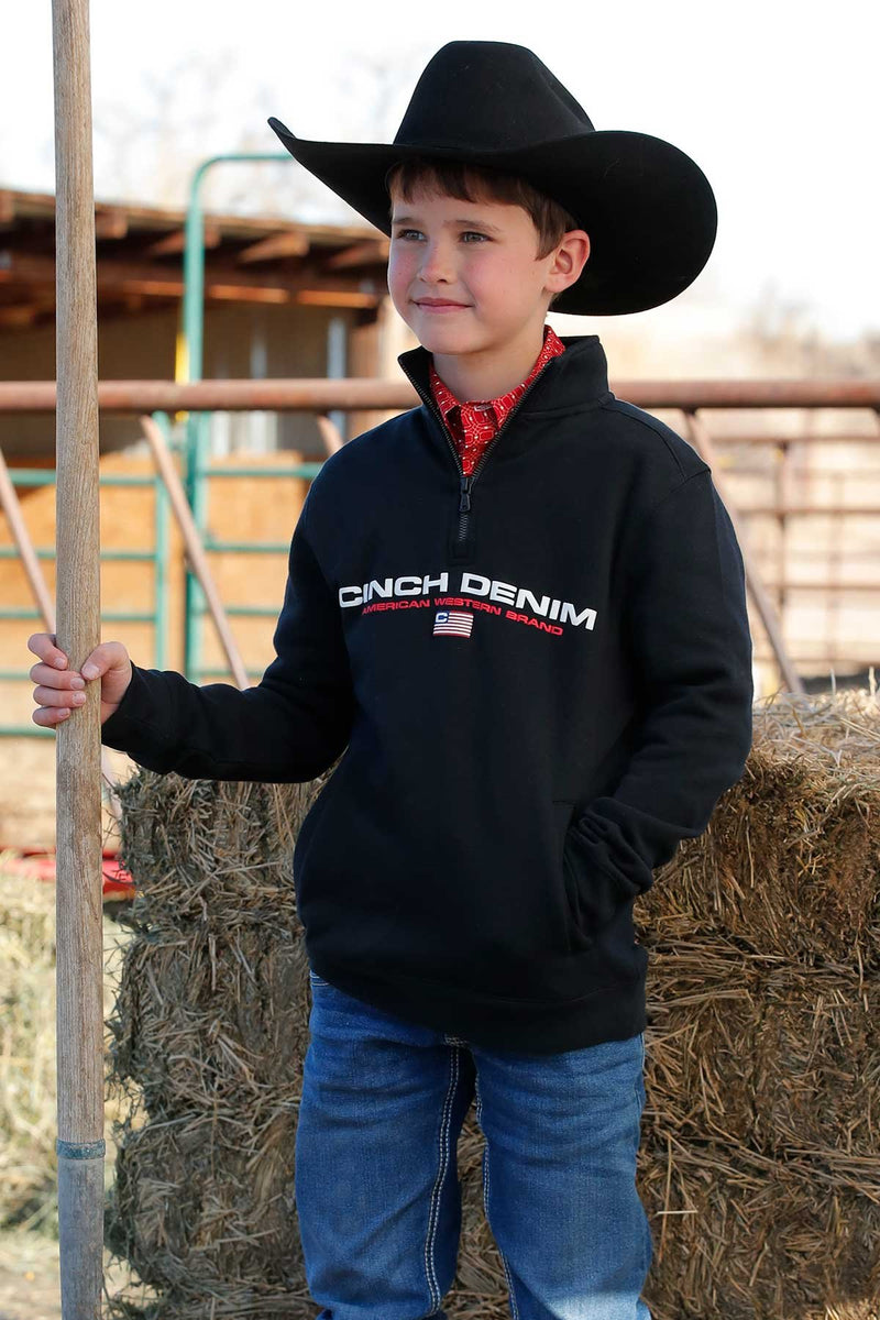 Cinch Youth Boy's Vintage American Logo Quarter Zip Fleece Pullover in Black