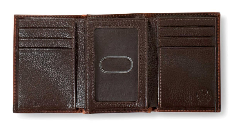 Ariat Men's Dark Brown Leather Distressed Flag Patch Tri Fold Wallet