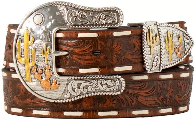 Angel Ranch Women's Desert Scene Floral Embossed Brown Leather Belt