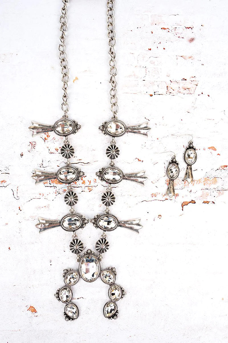 Western Echo Valley White Crystal Naja and Squash Blossom Silver Tone Necklace and Earring Set