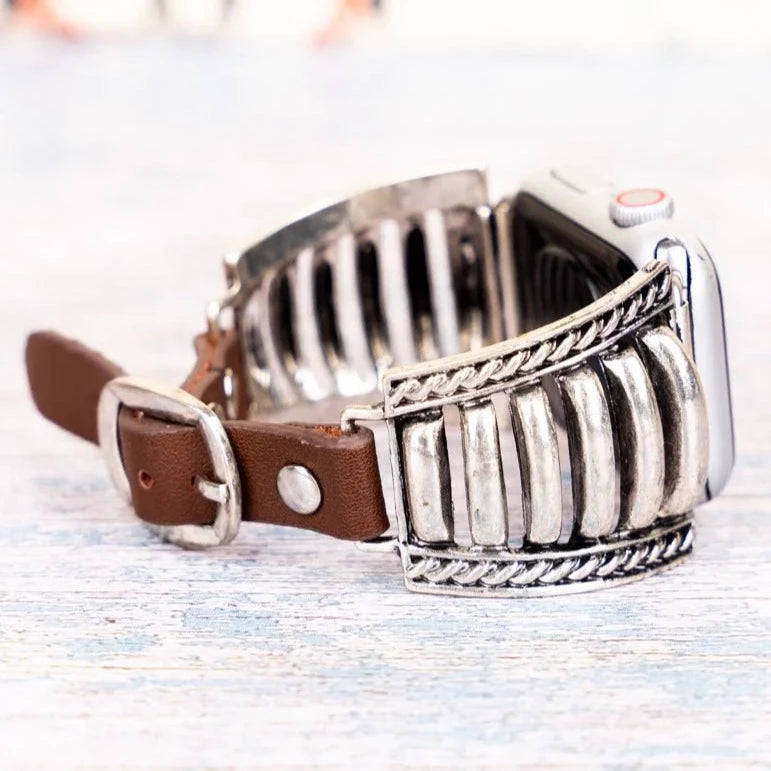 Silvertone Adjustable Watch Band-Brown