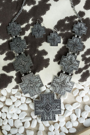 Silver Concho Cross Necklace and Earring Set