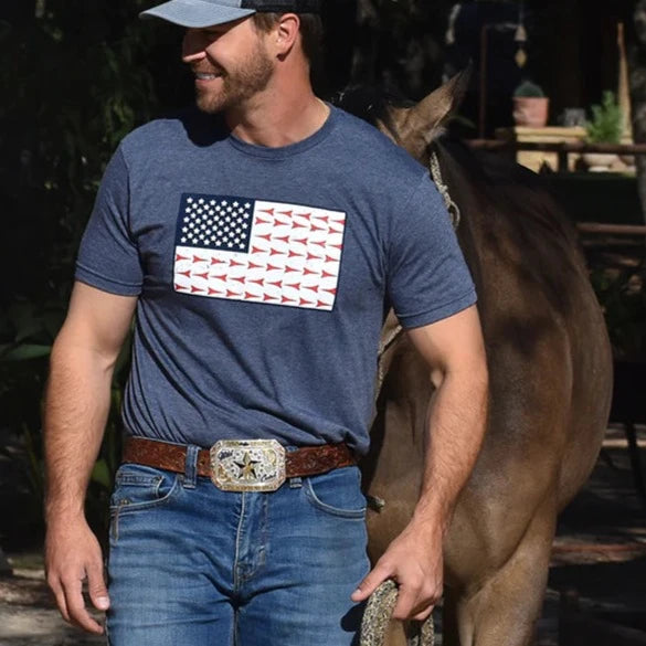 Fast Back Men's American Flag Logo T-Shirt in Heather Navy
