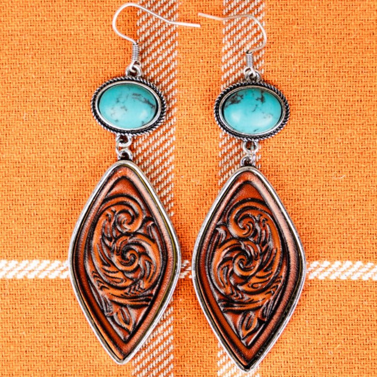 Western Eco Turquoise Stone and Tooled Swirls Earrings