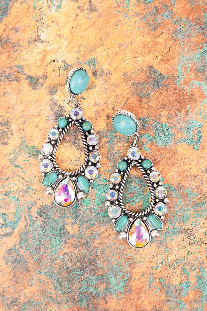 Western Mellow Creek Iridescent Crystal and Turquoise Stone Teardrop Silver Tone Earrings
