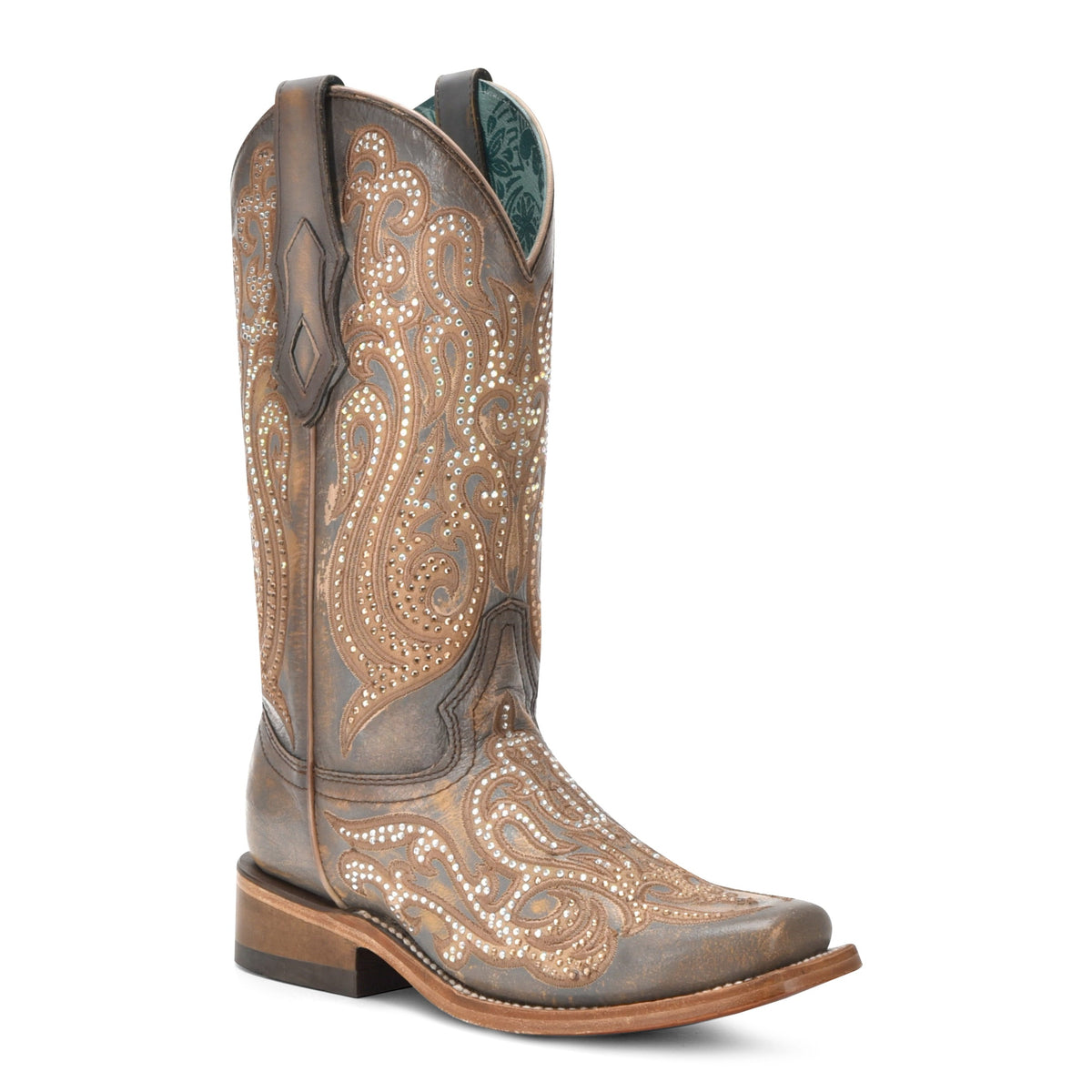 Corral Women's Distressed Grey-Honey Embroidery & Crystals Square Toe Western Boot