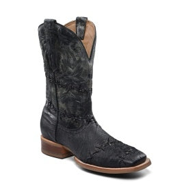 Corral Men's Black Ostrich Embroidery and Woven Wide Square Toe Western Boot
