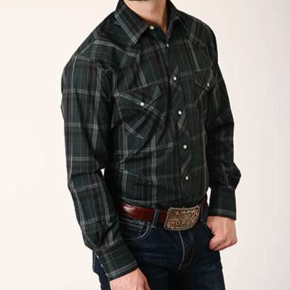 Roper Men's Forest Green and Navy Plaid Snap Western Shirt