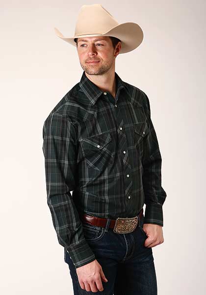 Roper Men's Forest Green and Navy Plaid Snap Western Shirt